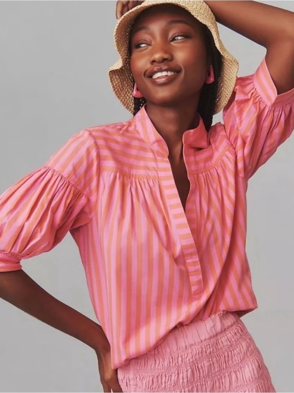 By Anthropologie Popover Swing Top - Pink stripe - Size L